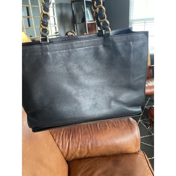 CHANEL 1994 VINTAGE BLACK 24K GOLD CHUNKY CHAIN CLASSIC CC LEATHER TOTE BAG - Picture 14 of 16